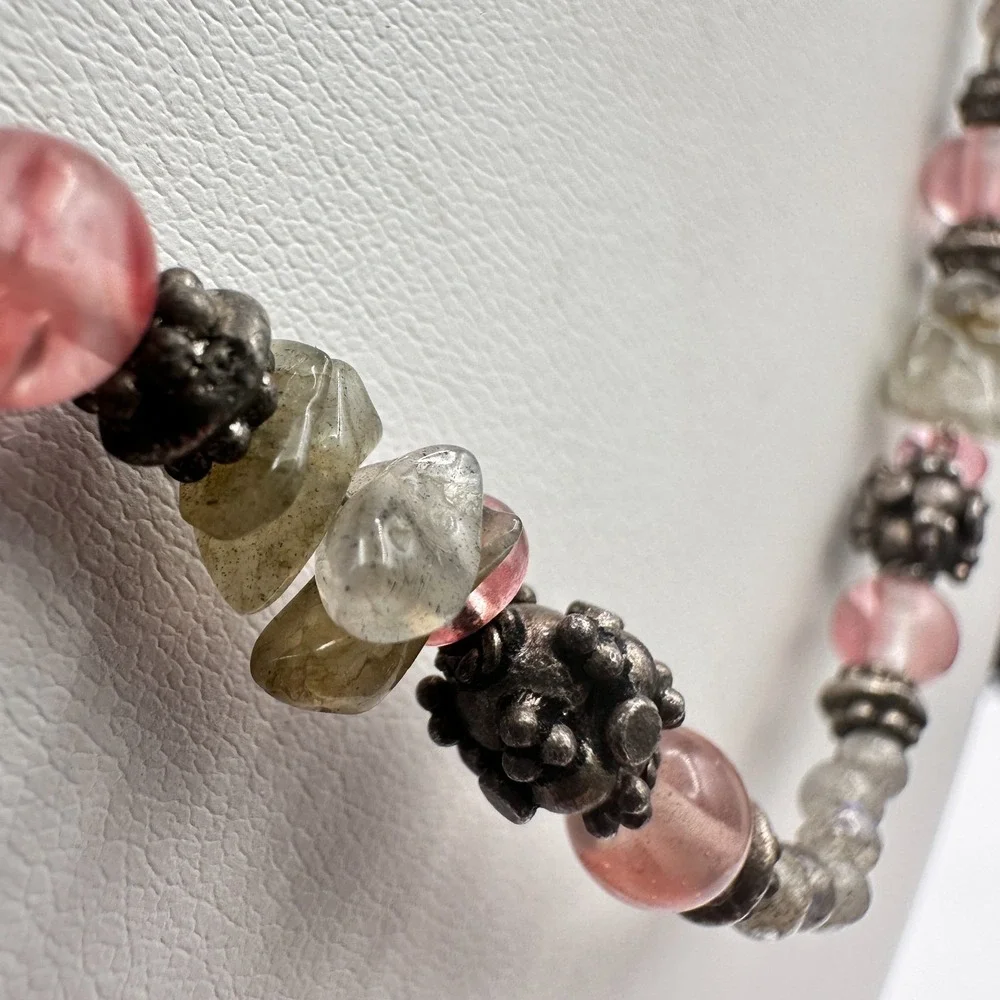 Vintage 90s Strawberry Quartz Labradorite Beaded‎ Necklace Boho Women's Jewelry